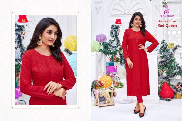 Poonam Red Queen Casual Wear Chikan Work Kurtis